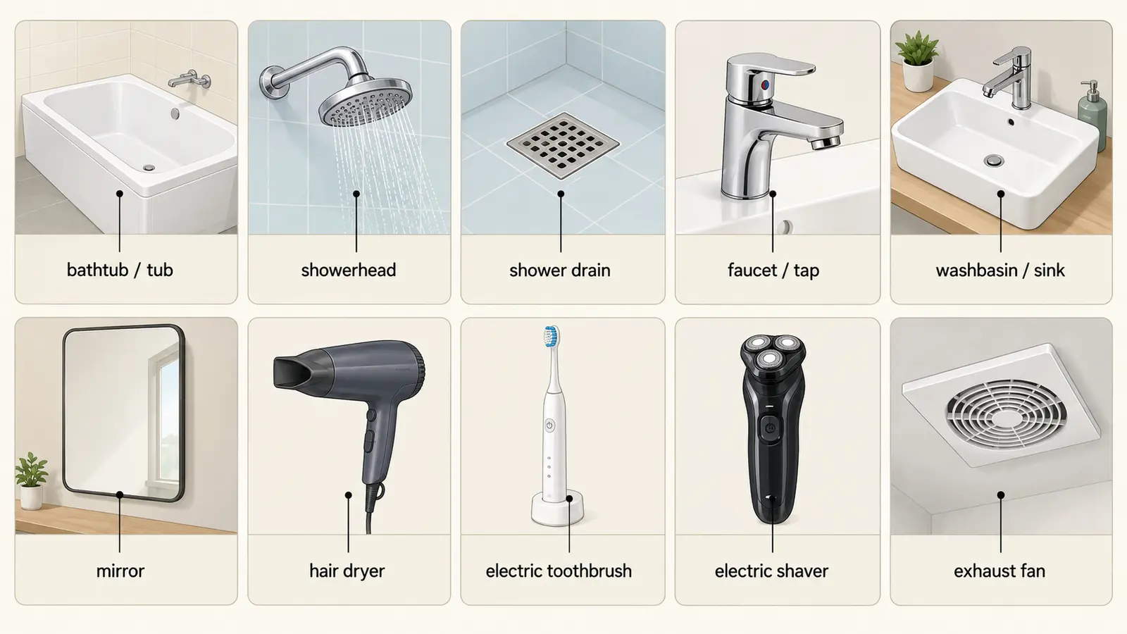 bathtub、showerhead、washbasinなど浴室・洗面所の英語名称一覧