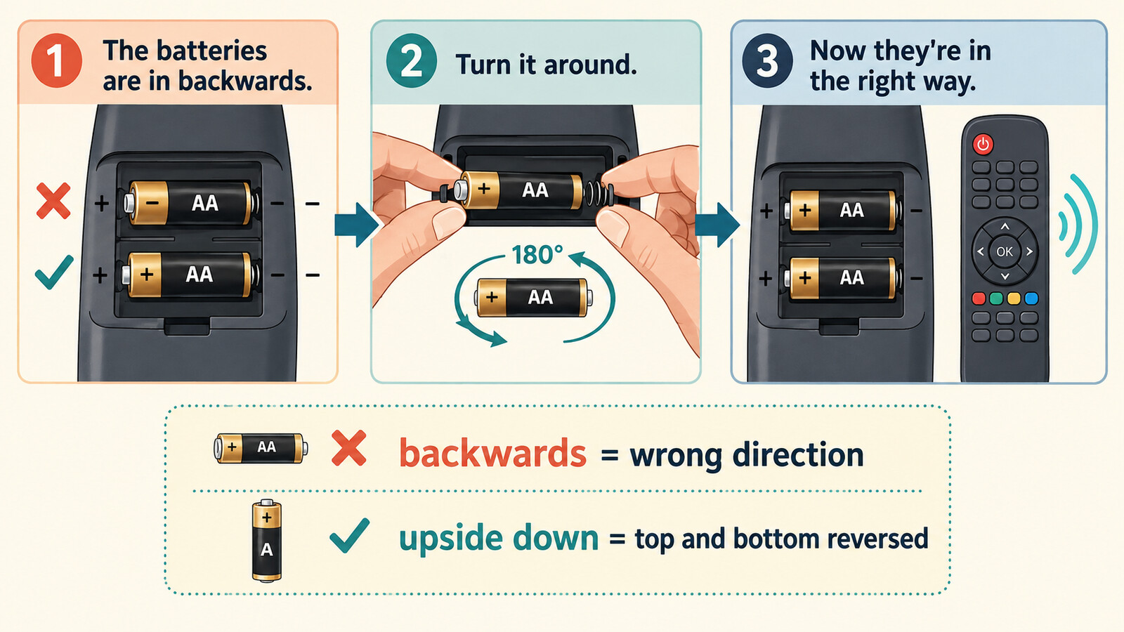 The batteries are in backwards.からTurn it around.で正しい向きに直す流れとbackwards・upside downの違いを示した図