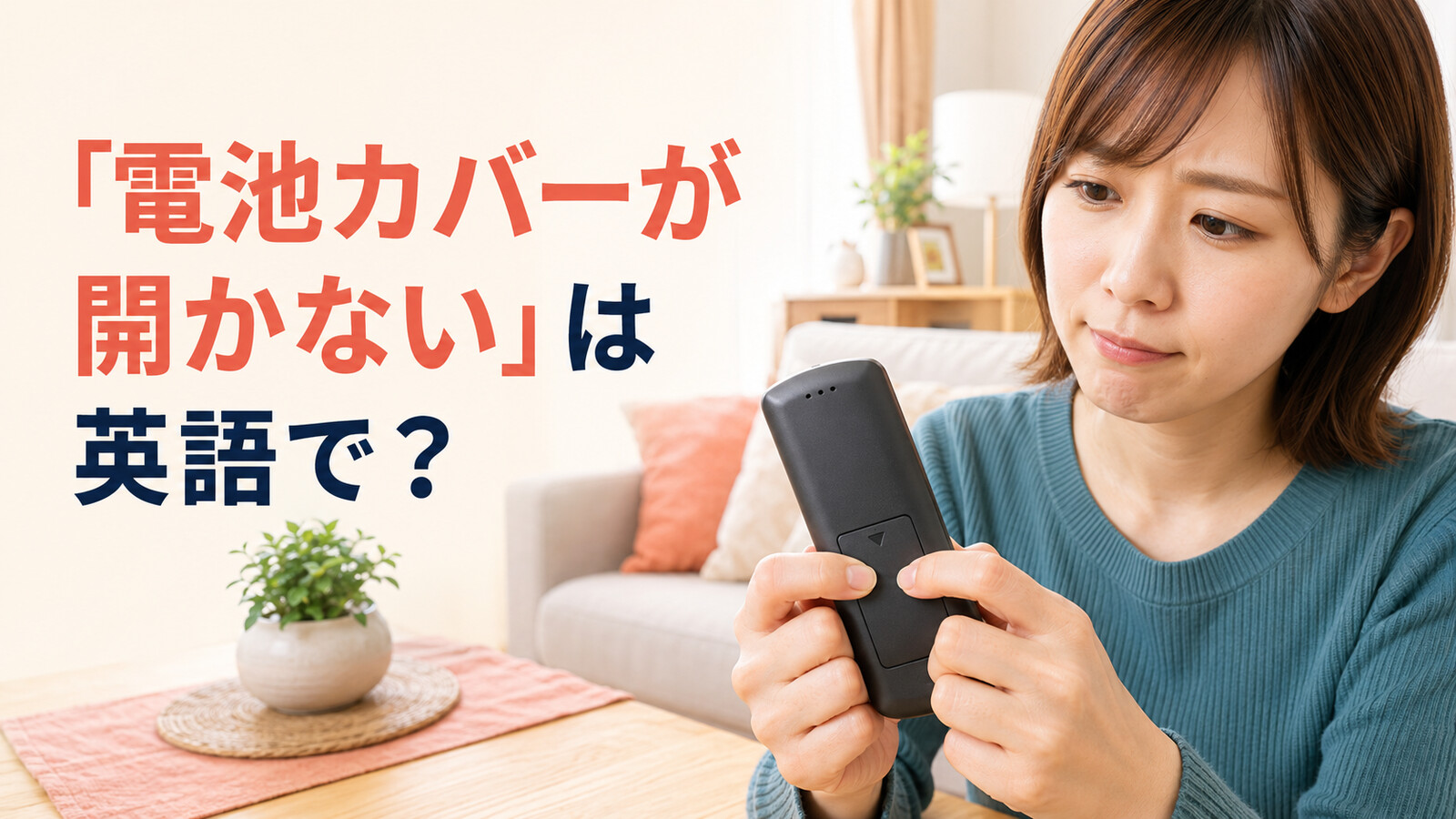 リモコンの電池カバーを外せず困っている女性と「電池カバーが開かない」は英語で？の文字
