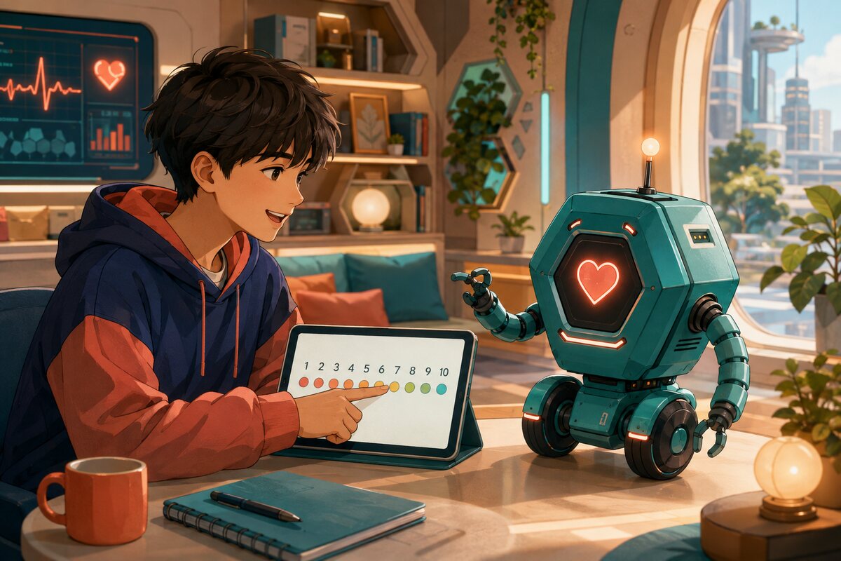 ケアロボットと英語の数字表現を学ぶイラスト