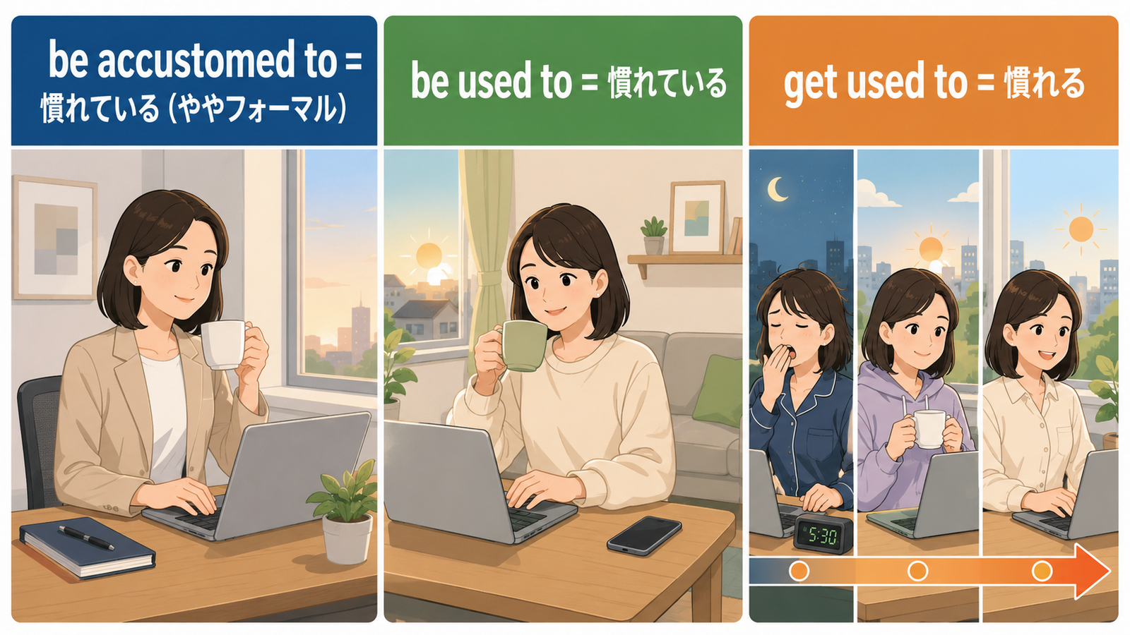 be accustomed to・be used to・get used toの意味とニュアンスを比較した図