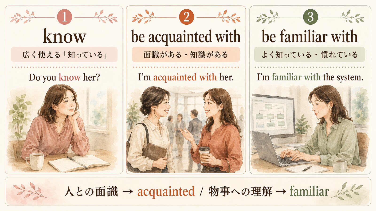 know・be acquainted with・be familiar withの違いと例文