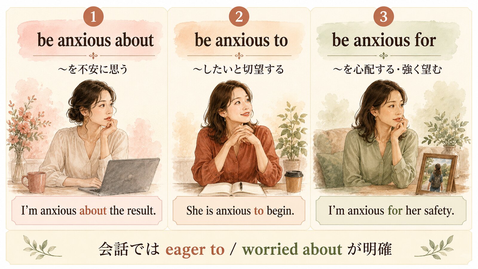 be anxious to・be anxious about・be anxious forの意味と違い