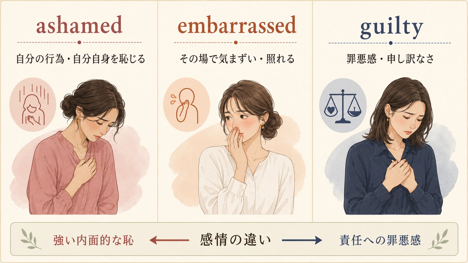 ashamed、embarrassed、guiltyの感情の違いを比較した図解