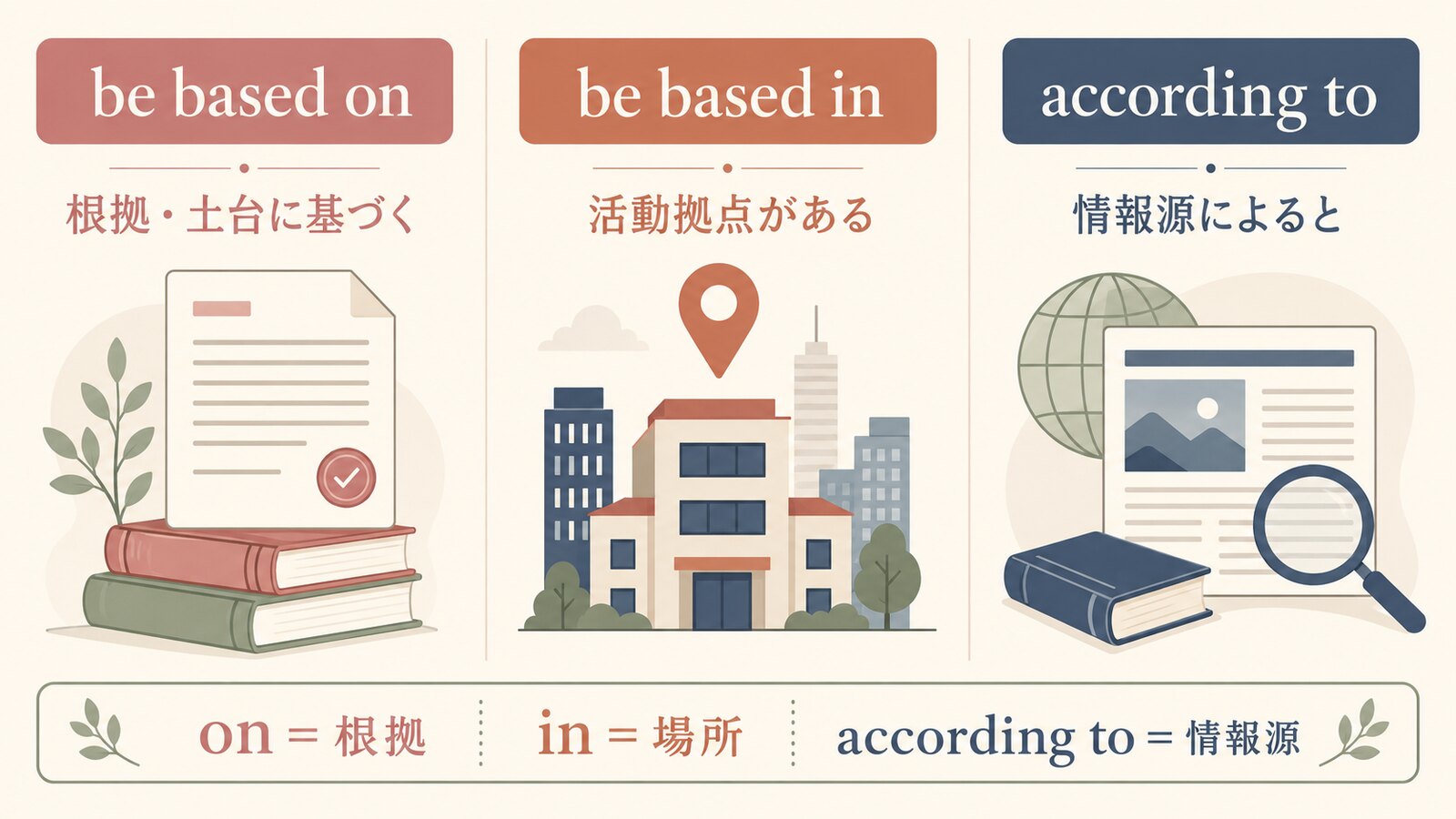 be based on、be based in、according toの違いを比較した図解