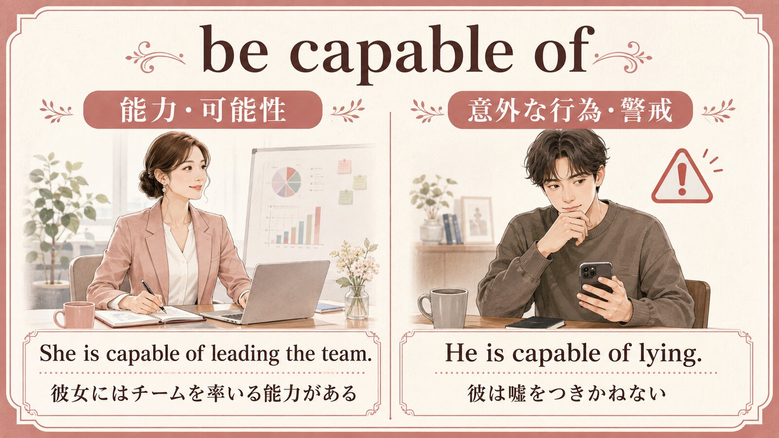 be capable ofの能力を表す用法と「〜しかねない」という警戒の用法