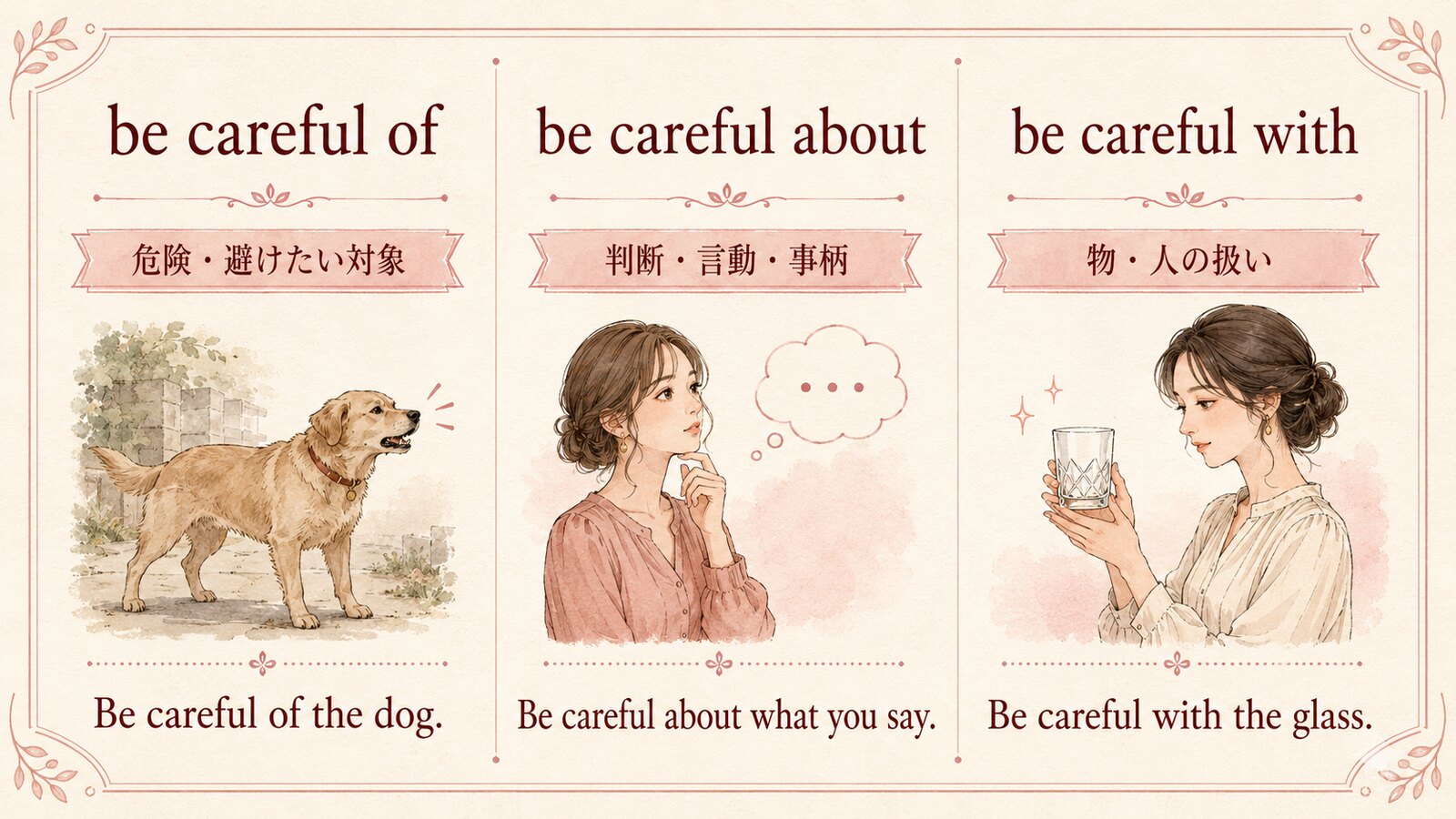 be careful ofは危険、aboutは判断や言動、withは物や人の扱いに注意する