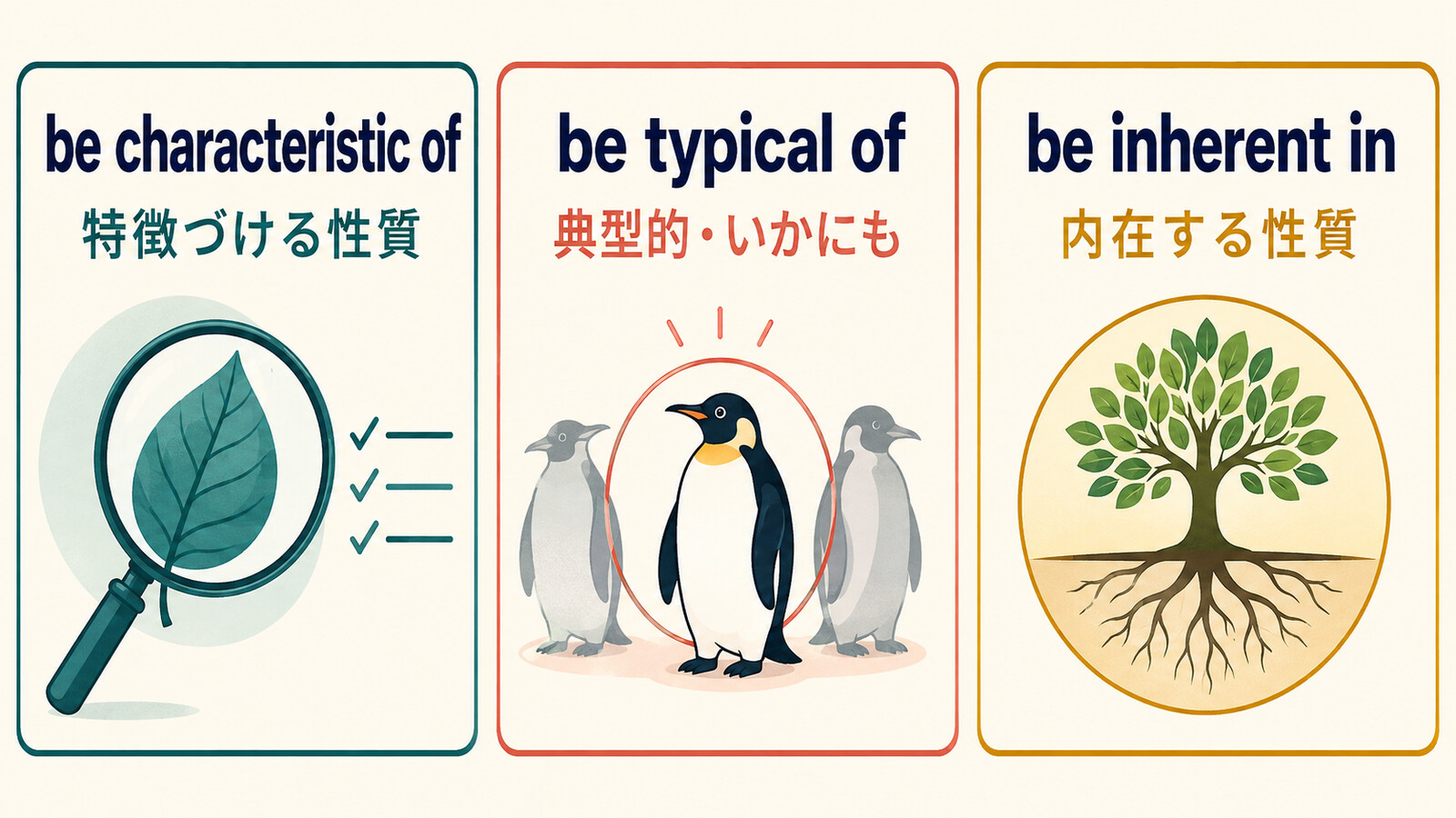 be characteristic of・be typical of・be inherent inのニュアンス比較図