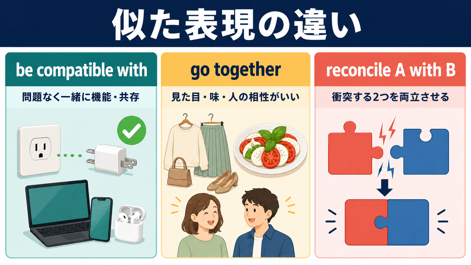 be compatible with・go together・reconcile A with Bのニュアンスの違い
