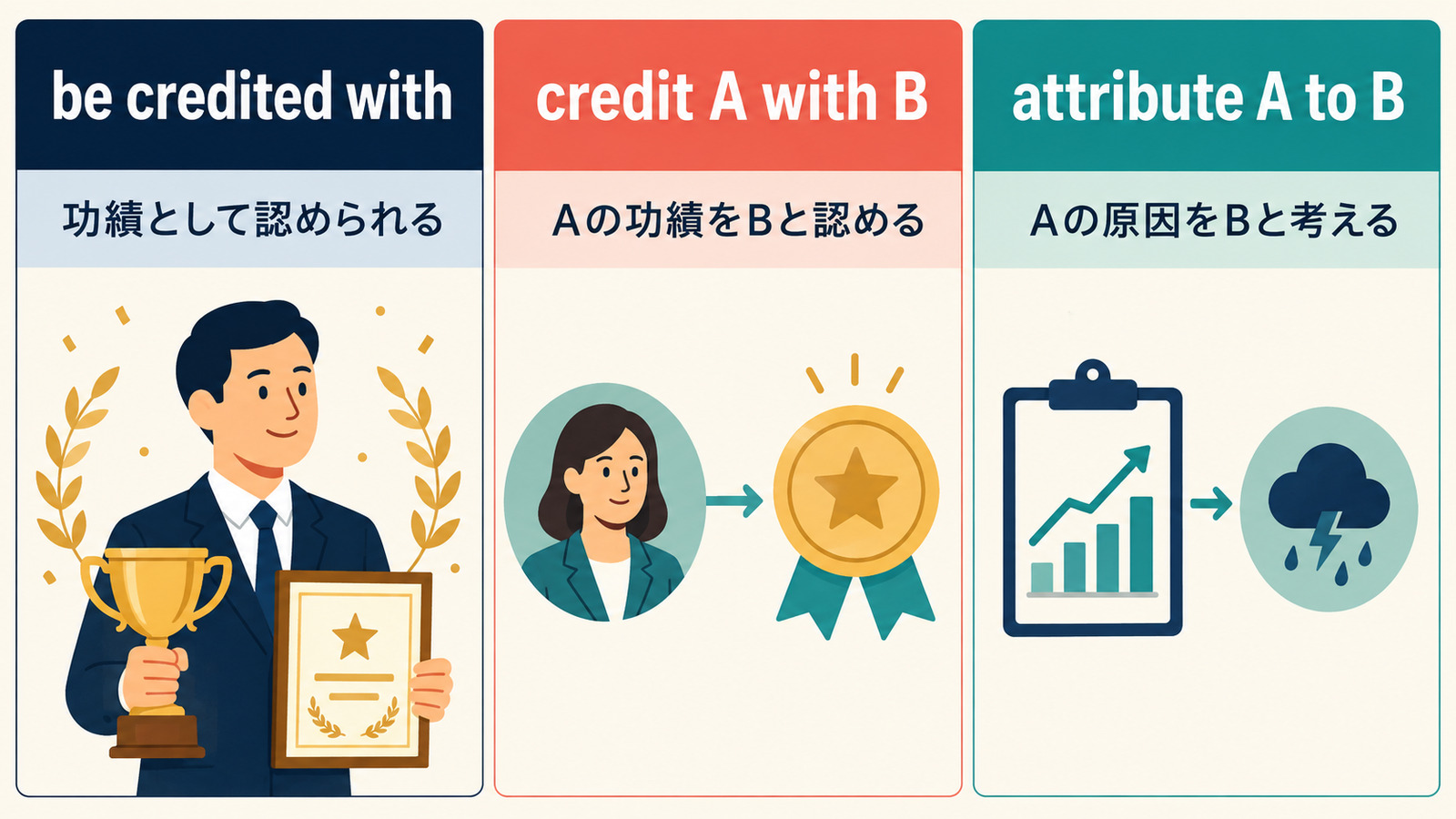 be credited with、credit A with B、attribute A to Bの意味と語順の比較