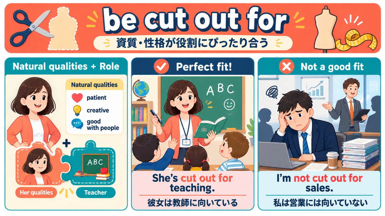 be cut out forとnot be cut out forの使い方を比較する解説イラスト