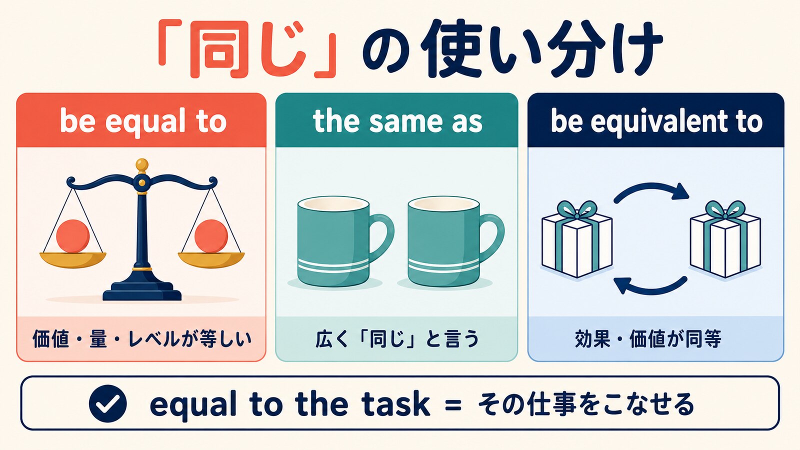 be equal to・the same as・be equivalent toのニュアンスの違いを比較した図