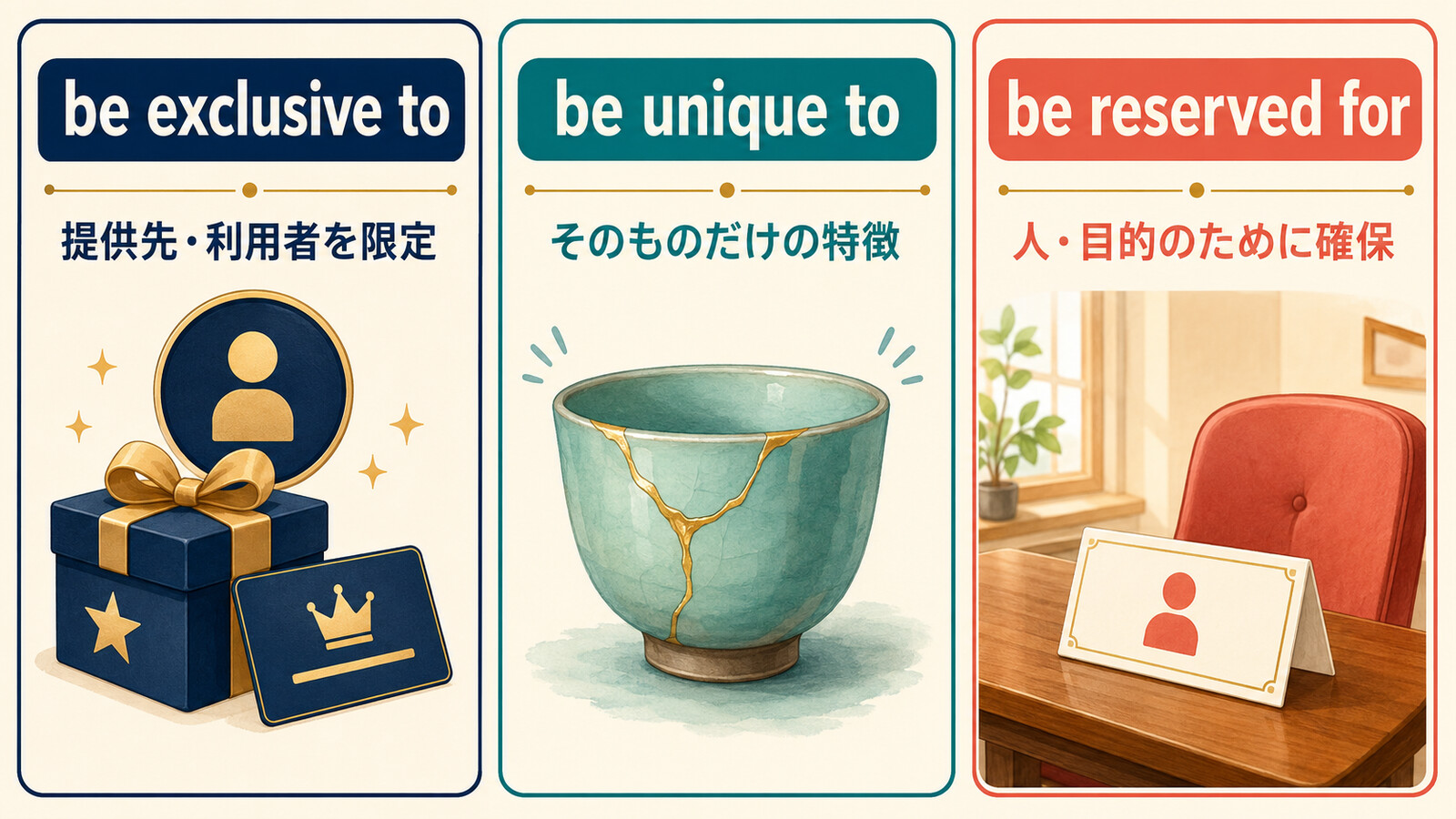 be exclusive to・be unique to・be reserved forのニュアンス比較図