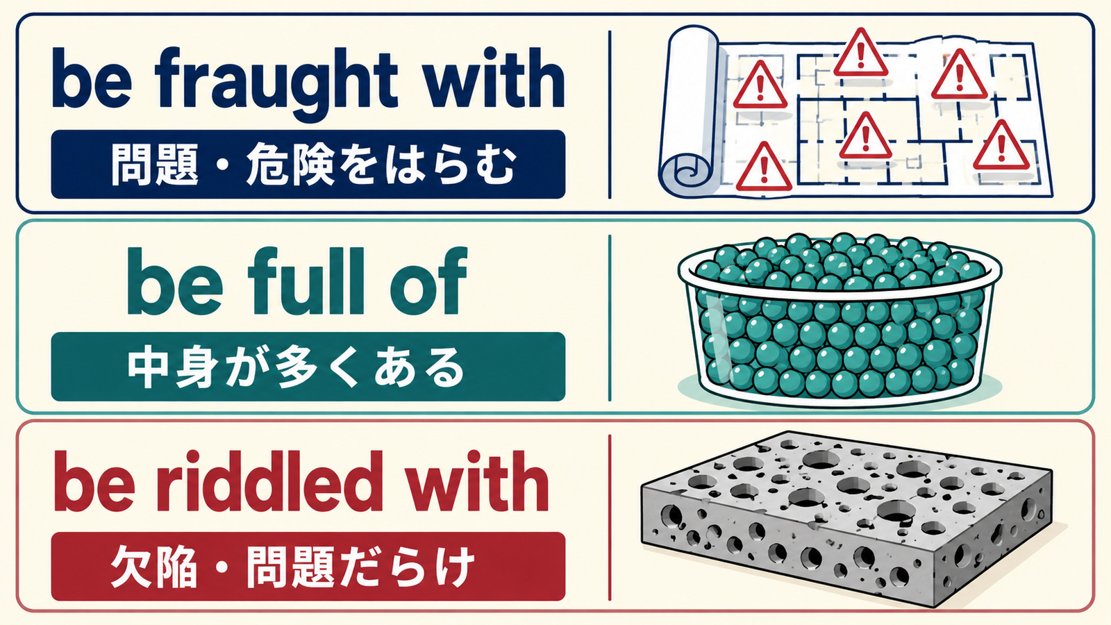 be fraught with、be full of、be riddled withのニュアンスの違い