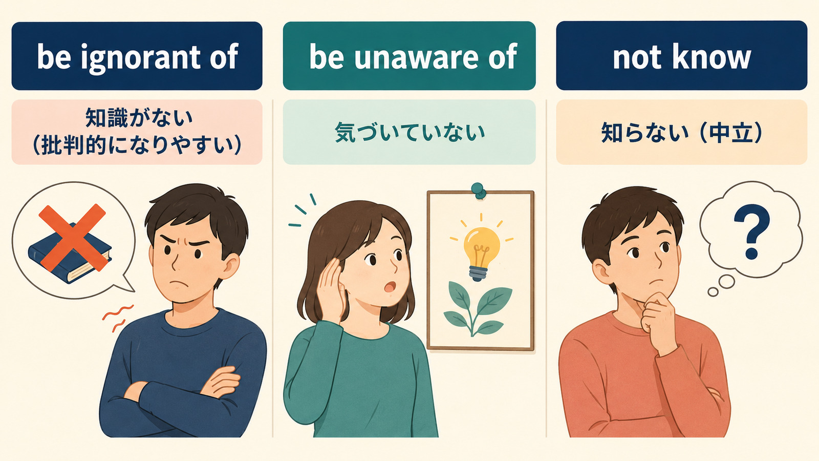 be ignorant of・be unaware of・not knowのニュアンスの違い