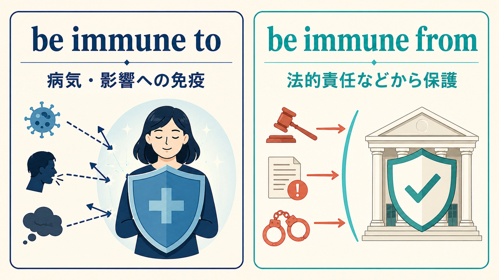 be immune toとbe immune fromの意味と使い分けを比較する図