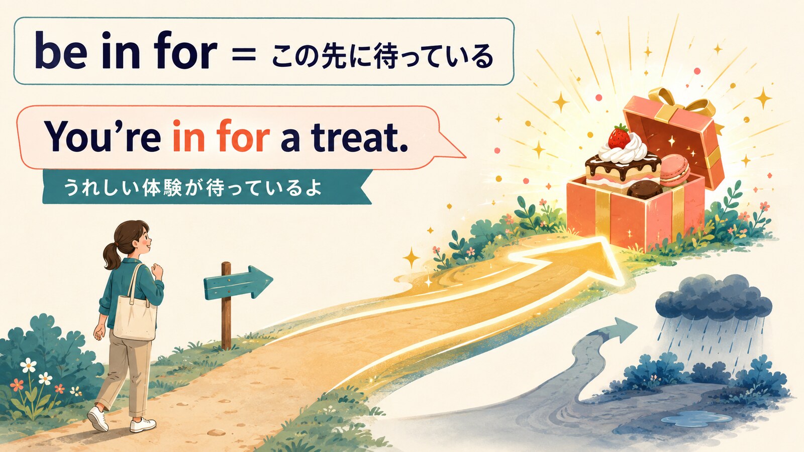 be in forの「この先に待っている」というイメージとYou’re in for a treat.を説明するイラスト