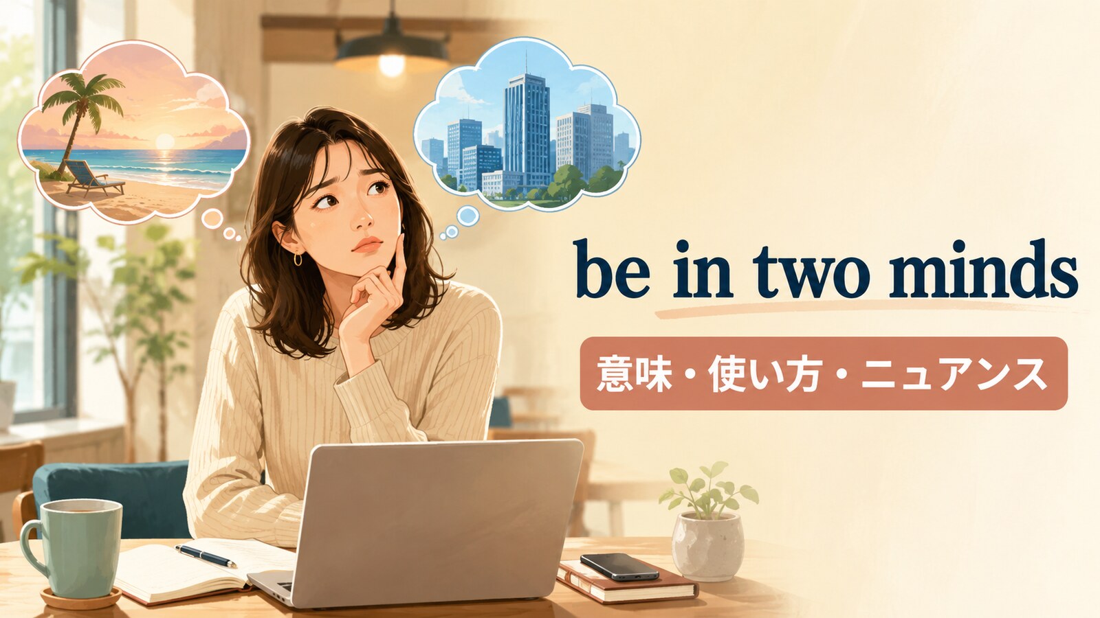 be in two mindsの意味・使い方・例文｜ニュアンスと似た表現との違い
