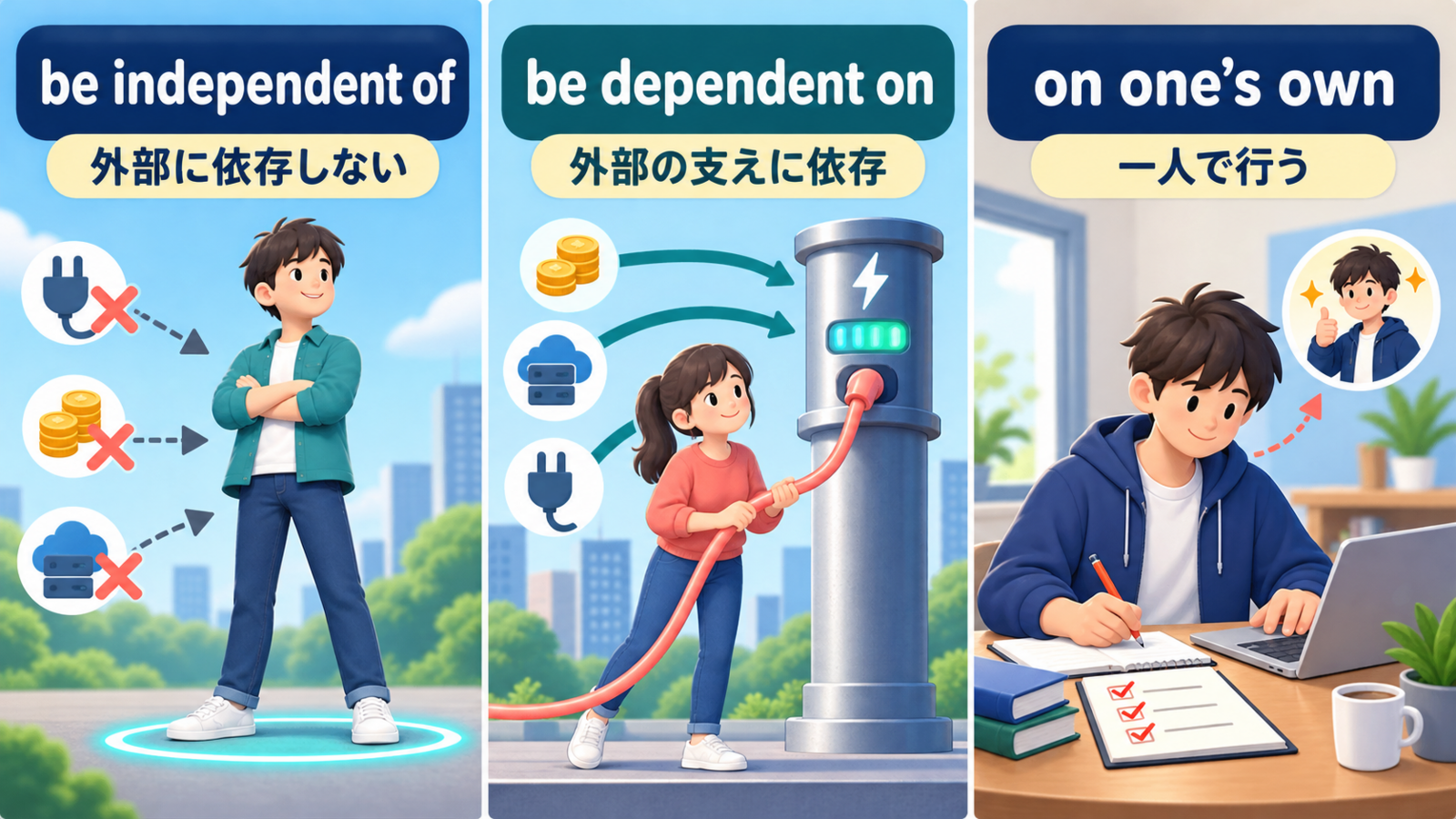 be independent of・be dependent on・on one's ownの違いを示す解説図