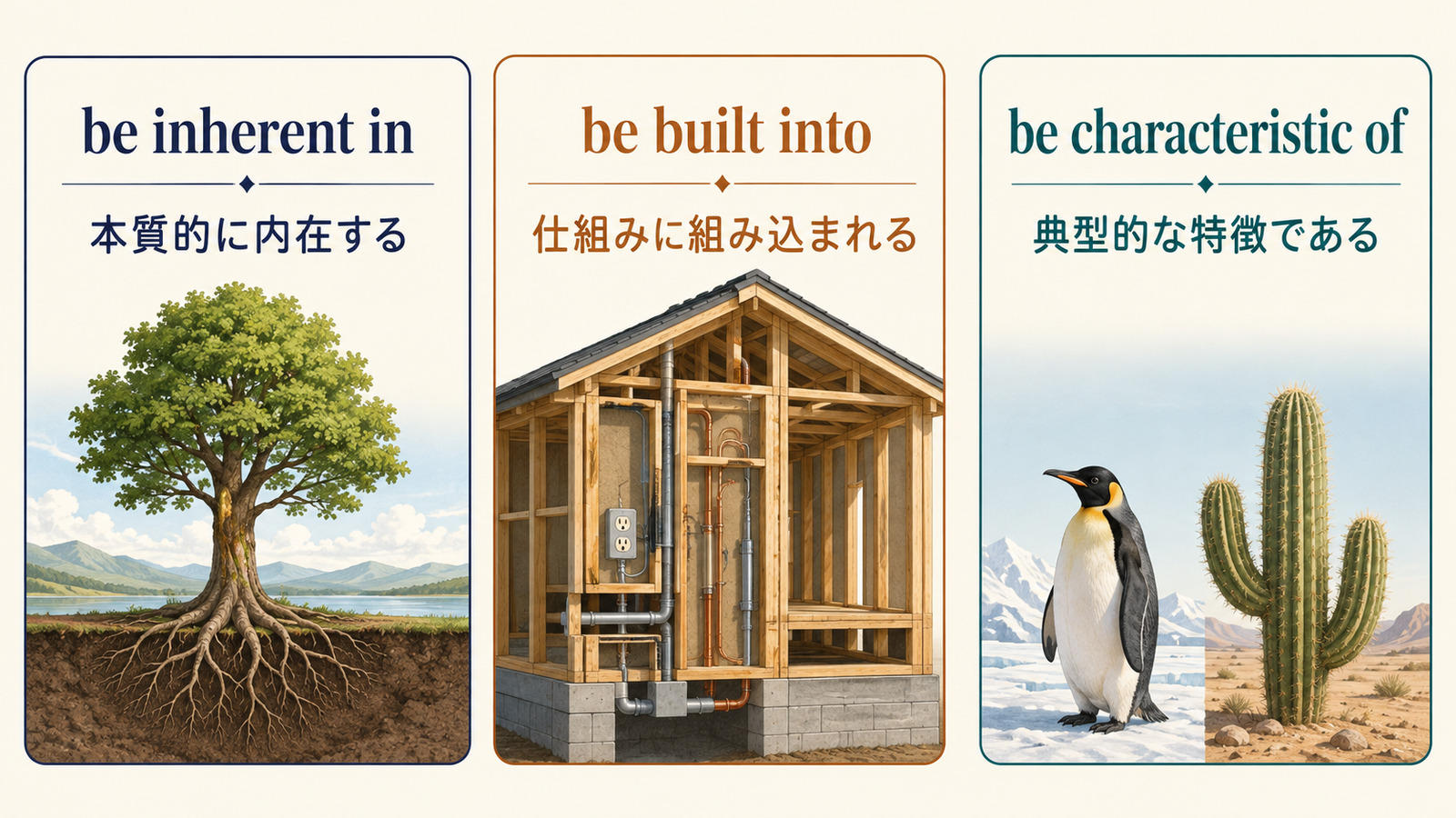 be inherent inとbe built intoとbe characteristic ofのニュアンスを比較する図
