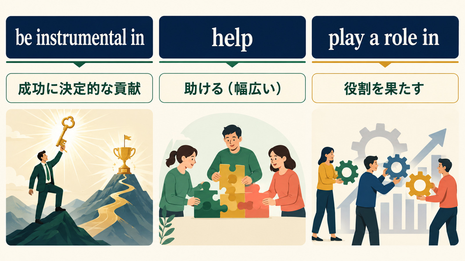 be instrumental inとhelpとplay a role inのニュアンスの違いを比較する図