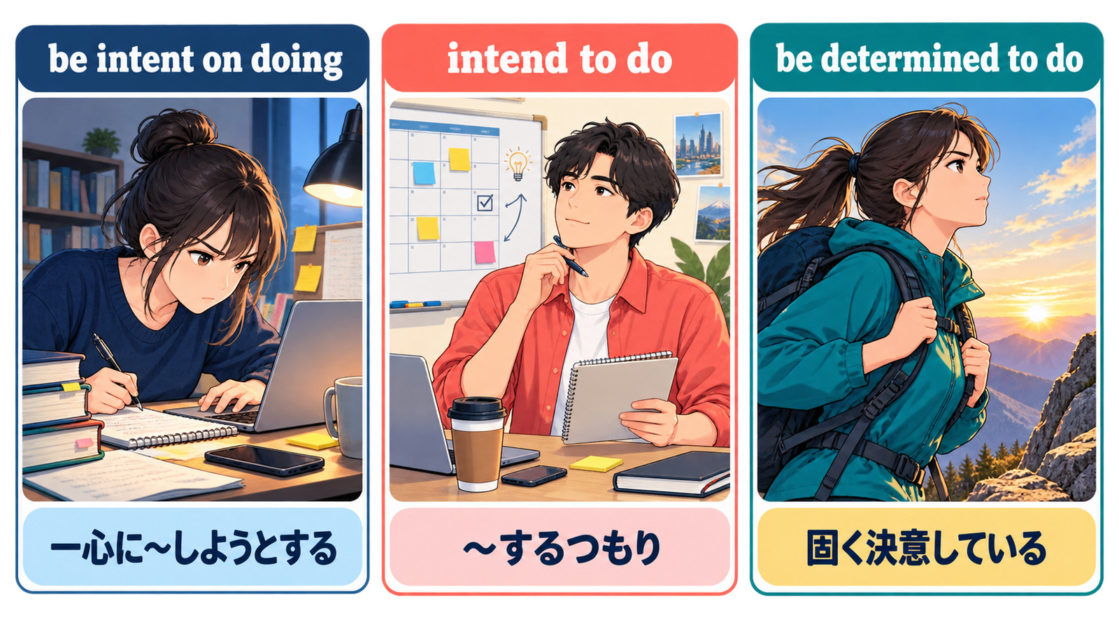 be intent on doingとintend to doとbe determined to doのニュアンスを比較する図