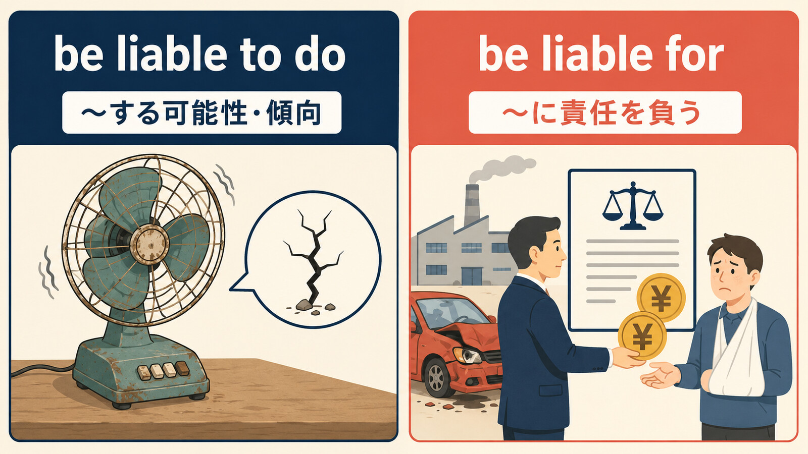 be liable to doとbe liable forの意味と語順の違い