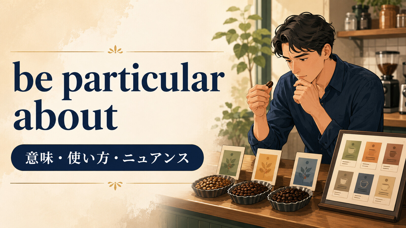 be particular aboutの意味・使い方・ニュアンスを解説するアイキャッチ画像