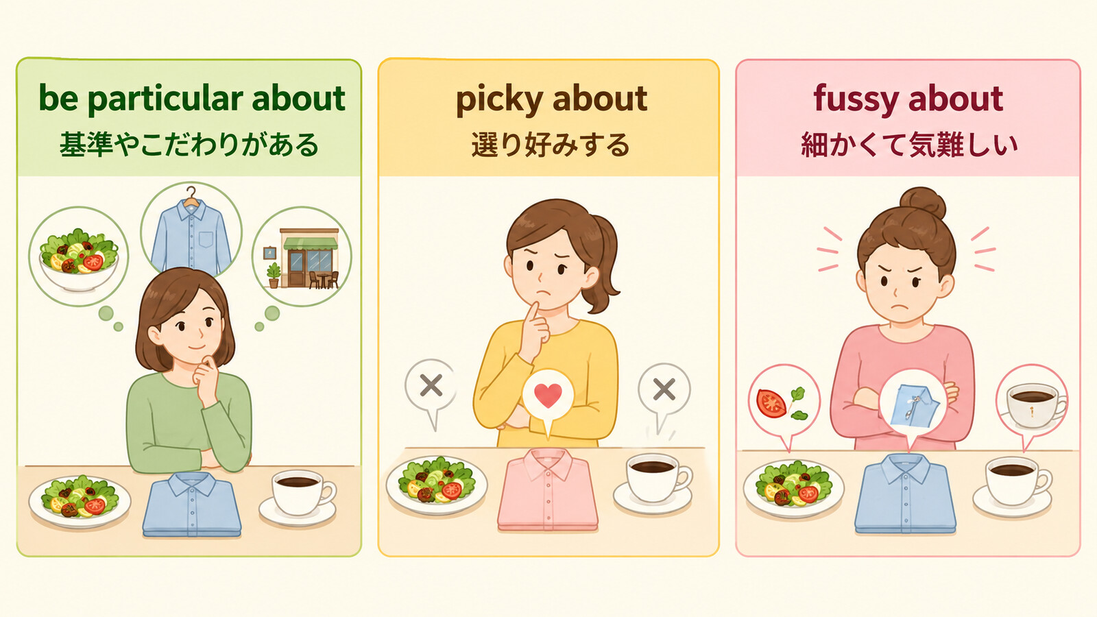 be particular about・picky about・fussy aboutのニュアンスの違いを示すイラスト