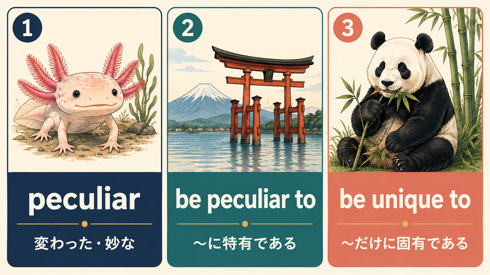 peculiar・be peculiar to・be unique toの意味とニュアンスの比較図