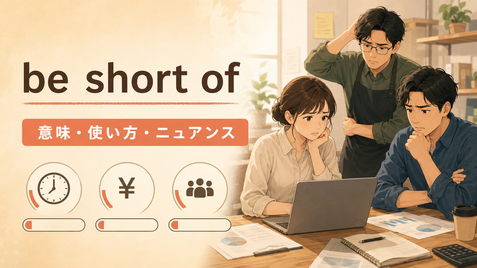 be short ofの意味・使い方・ニュアンスを解説するアイキャッチ画像