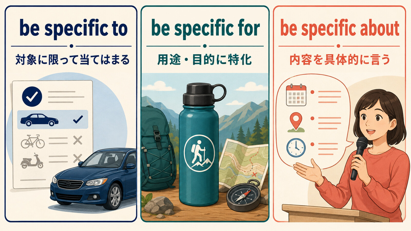 be specific to・be specific for・be specific aboutの前置詞と意味の比較図