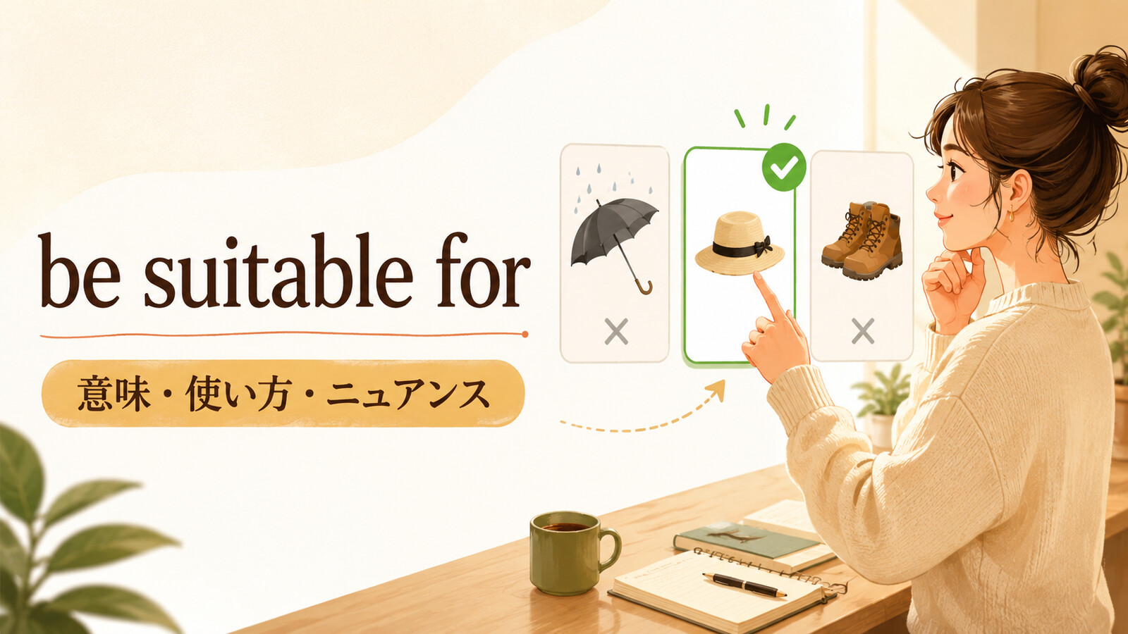be suitable forの意味・使い方・ニュアンスを解説するアイキャッチ画像