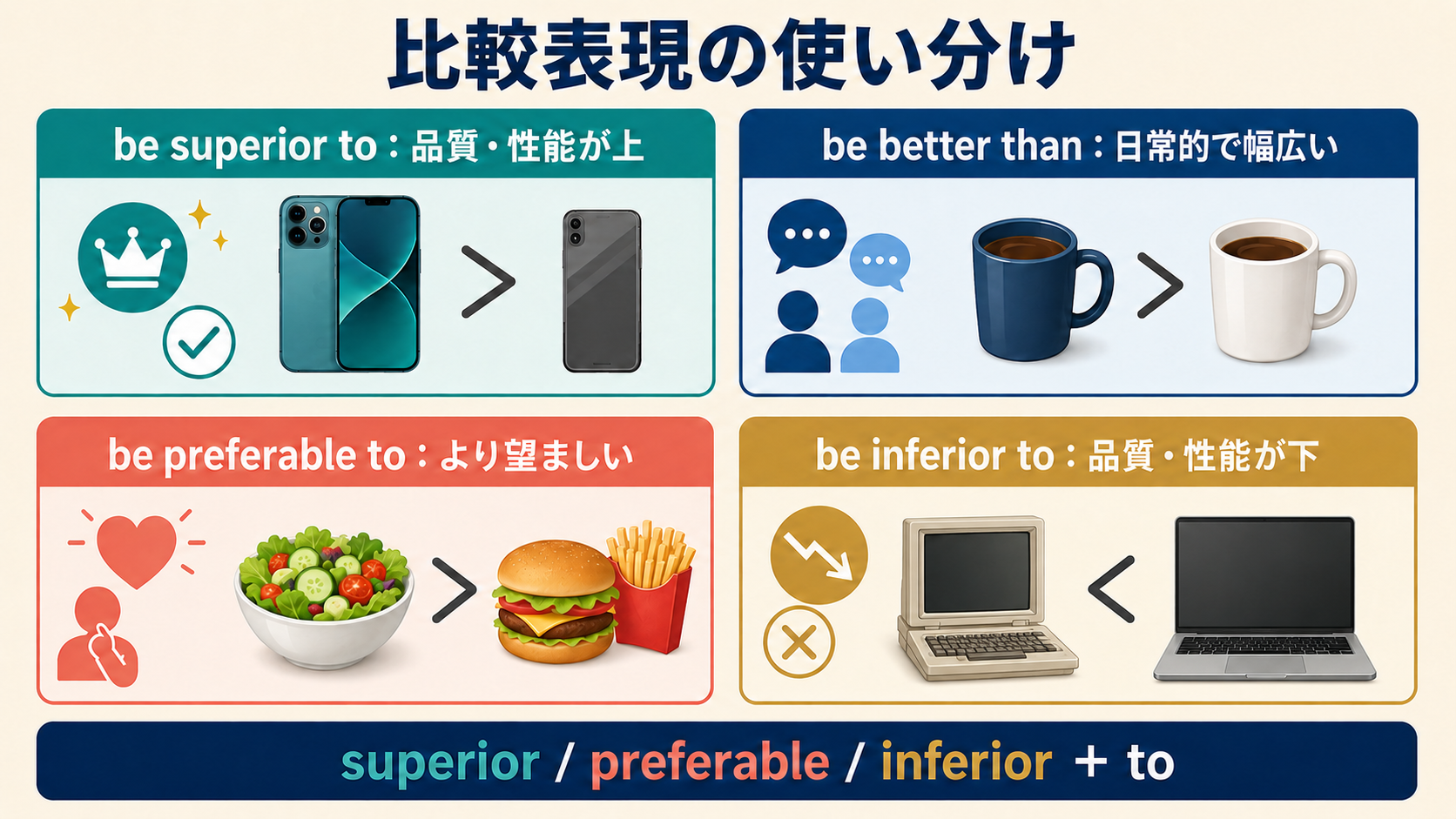 be superior to・be better than・be preferable to・be inferior toの違いを比較した解説図