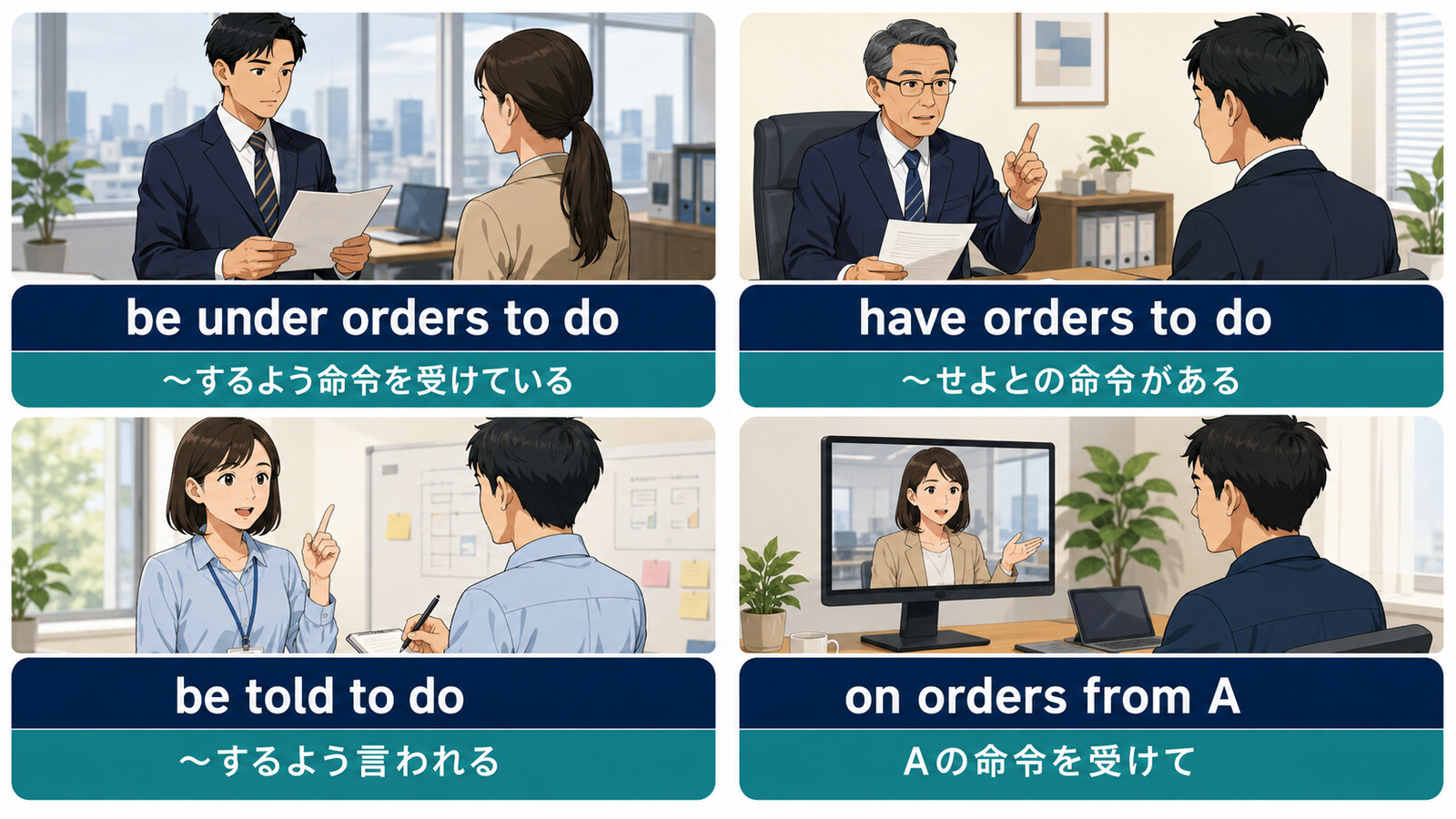 be under orders to do・have orders to do・be told to do・on orders from Aの違い