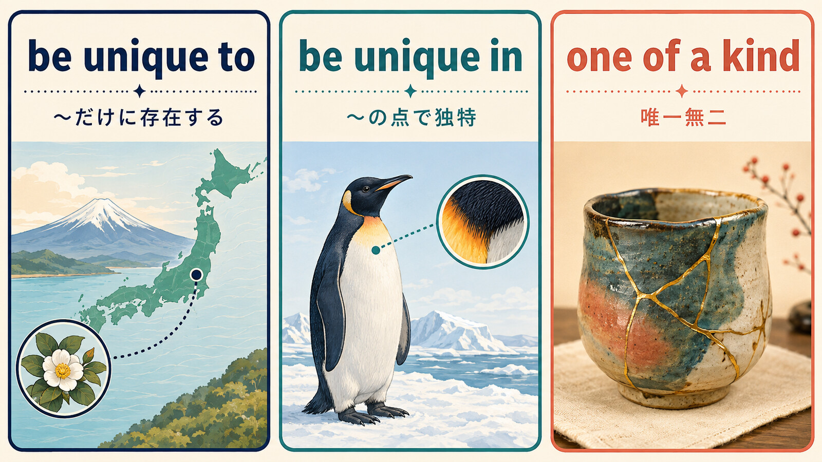 be unique to・be unique in・one of a kindの語順とニュアンス比較図