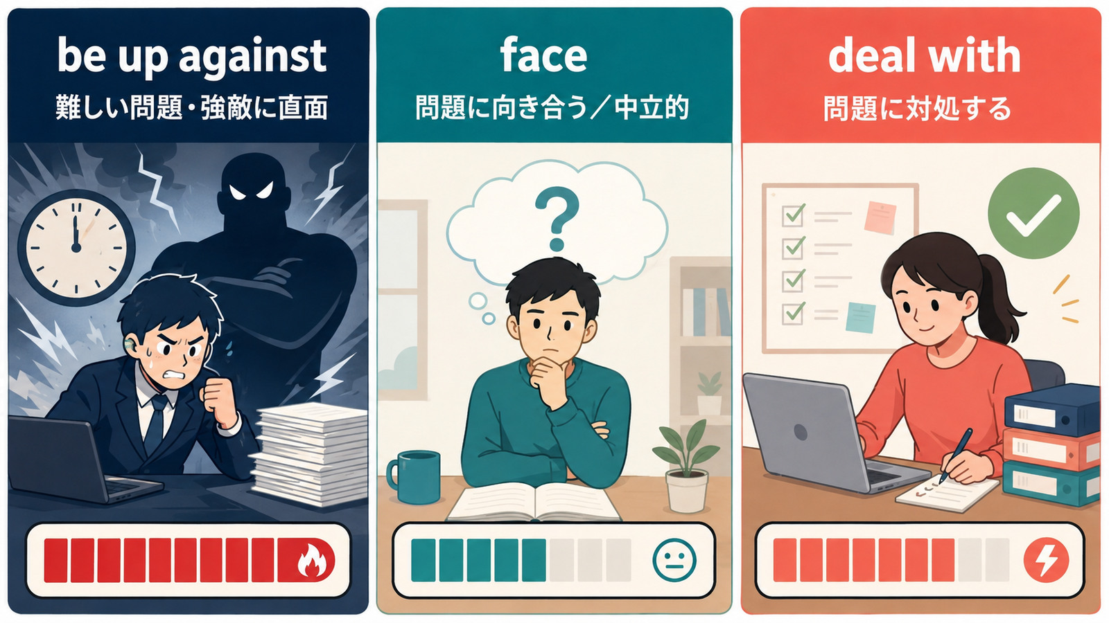 be up against・face・deal withのニュアンスの違いを示す図解