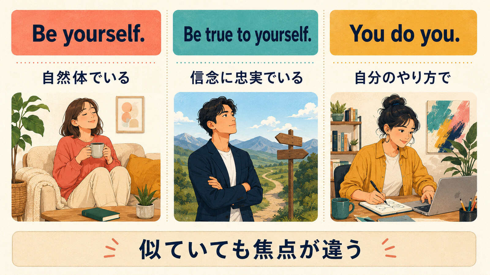 Be yourself.、Be true to yourself.、You do you.の焦点の違いを示す比較図