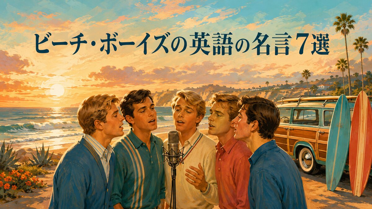 夕日のカリフォルニア海岸でコーラスするビーチ・ボーイズをイメージしたイラスト