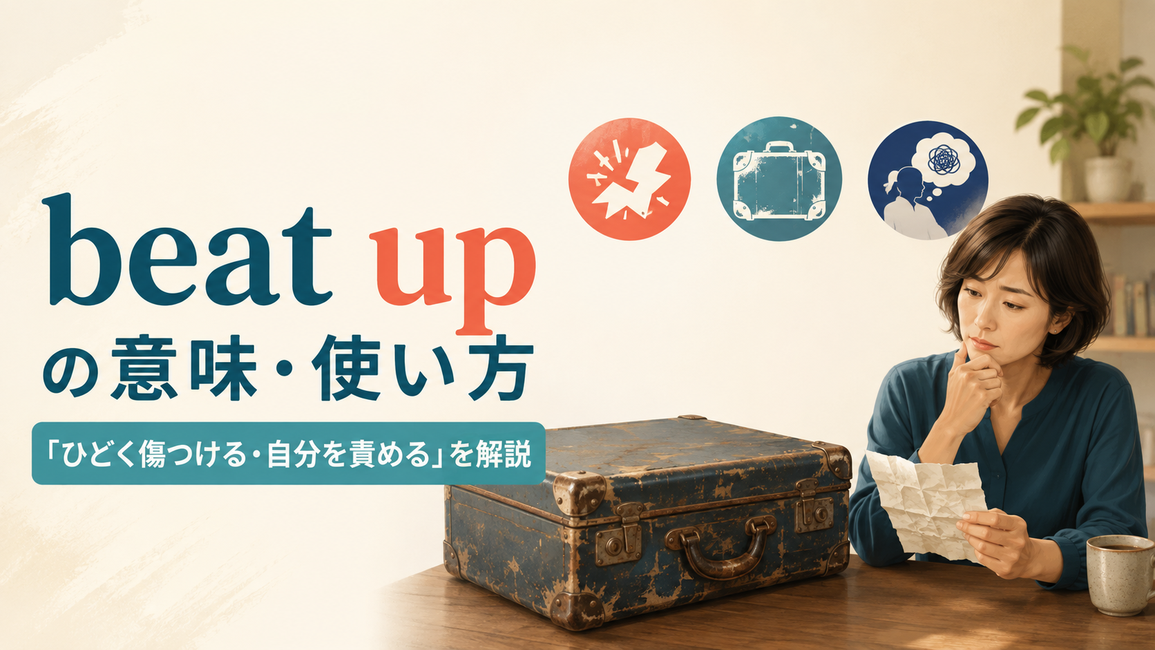 beat upの意味と「ひどく傷つける・自分を責める」の使い方を解説するアイキャッチ画像