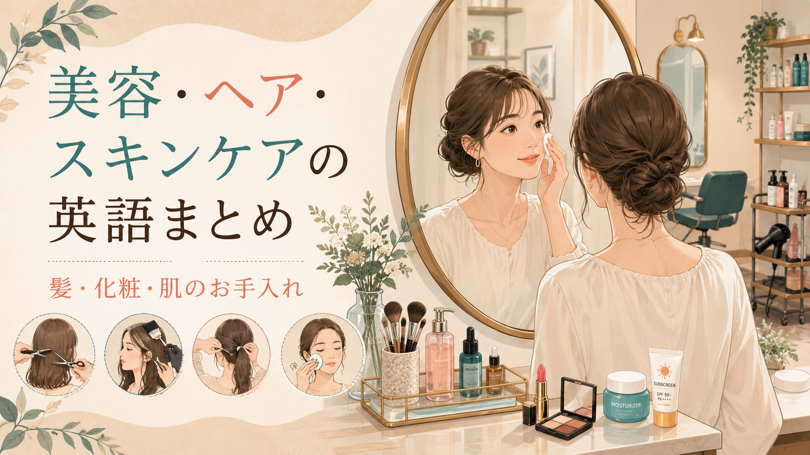 髪・化粧・肌のお手入れで使う英語をまとめたアイキャッチ