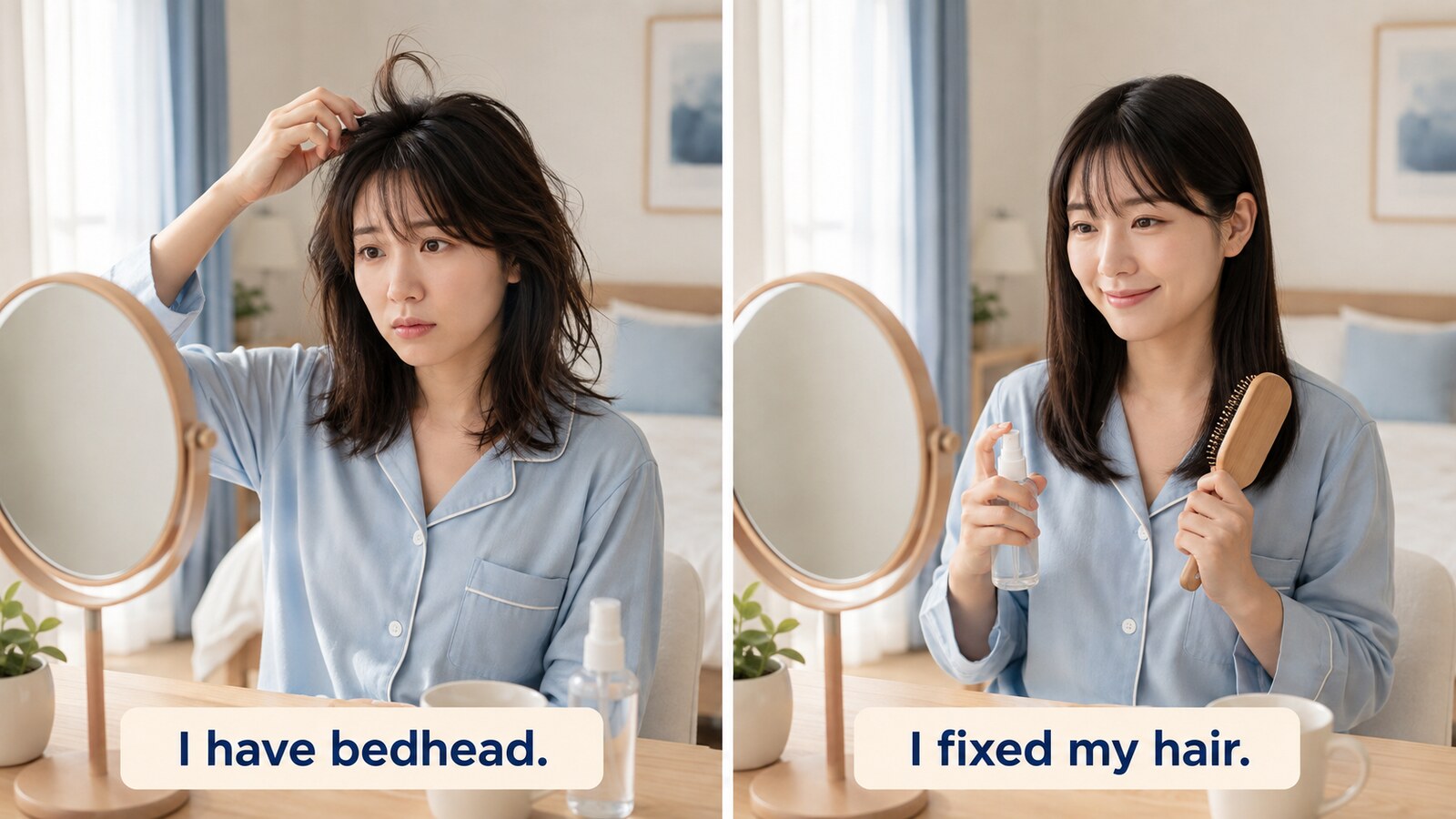 I have bedheadの寝癖がある状態とI fixed my hairの直した後の比較