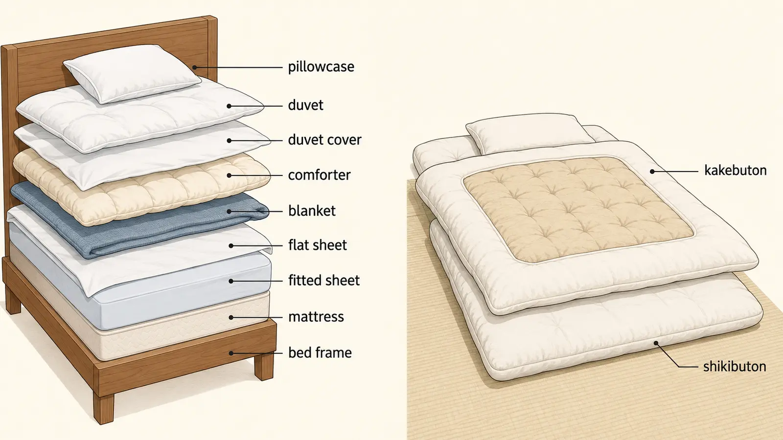 mattress、sheet、duvet、shikibutonなど寝具の英語名称一覧
