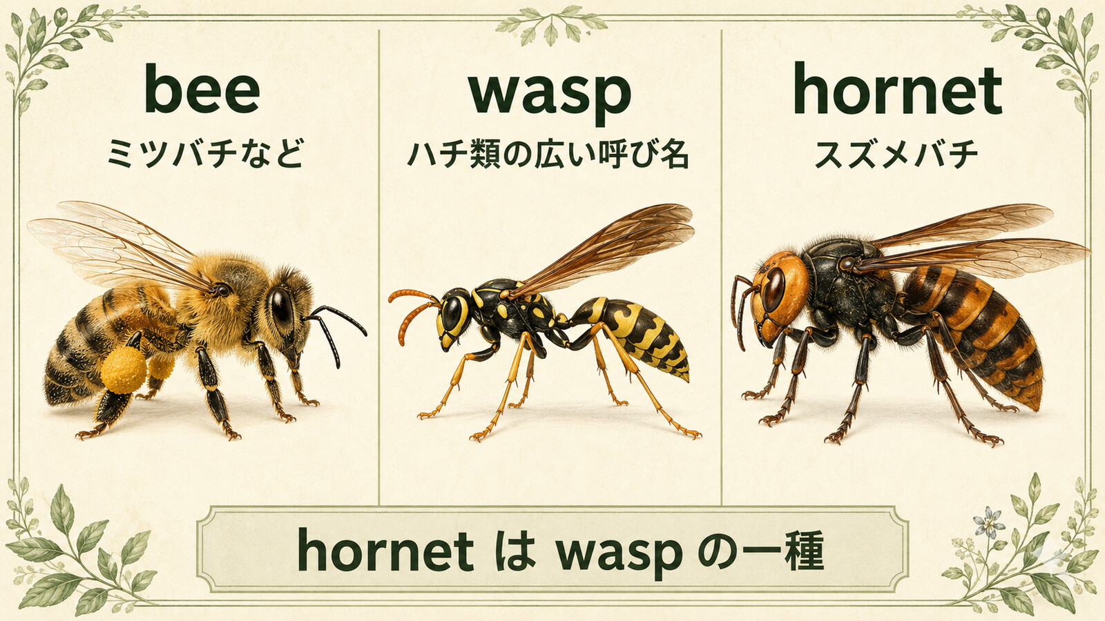 ミツバチ、ハチ類、スズメバチを比較した英語解説イラスト