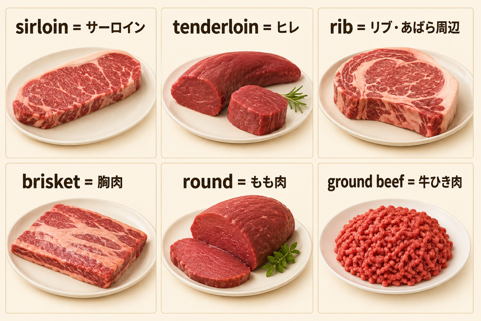 sirloin、tenderloin、rib、brisket、round、ground beefを示す日英図解