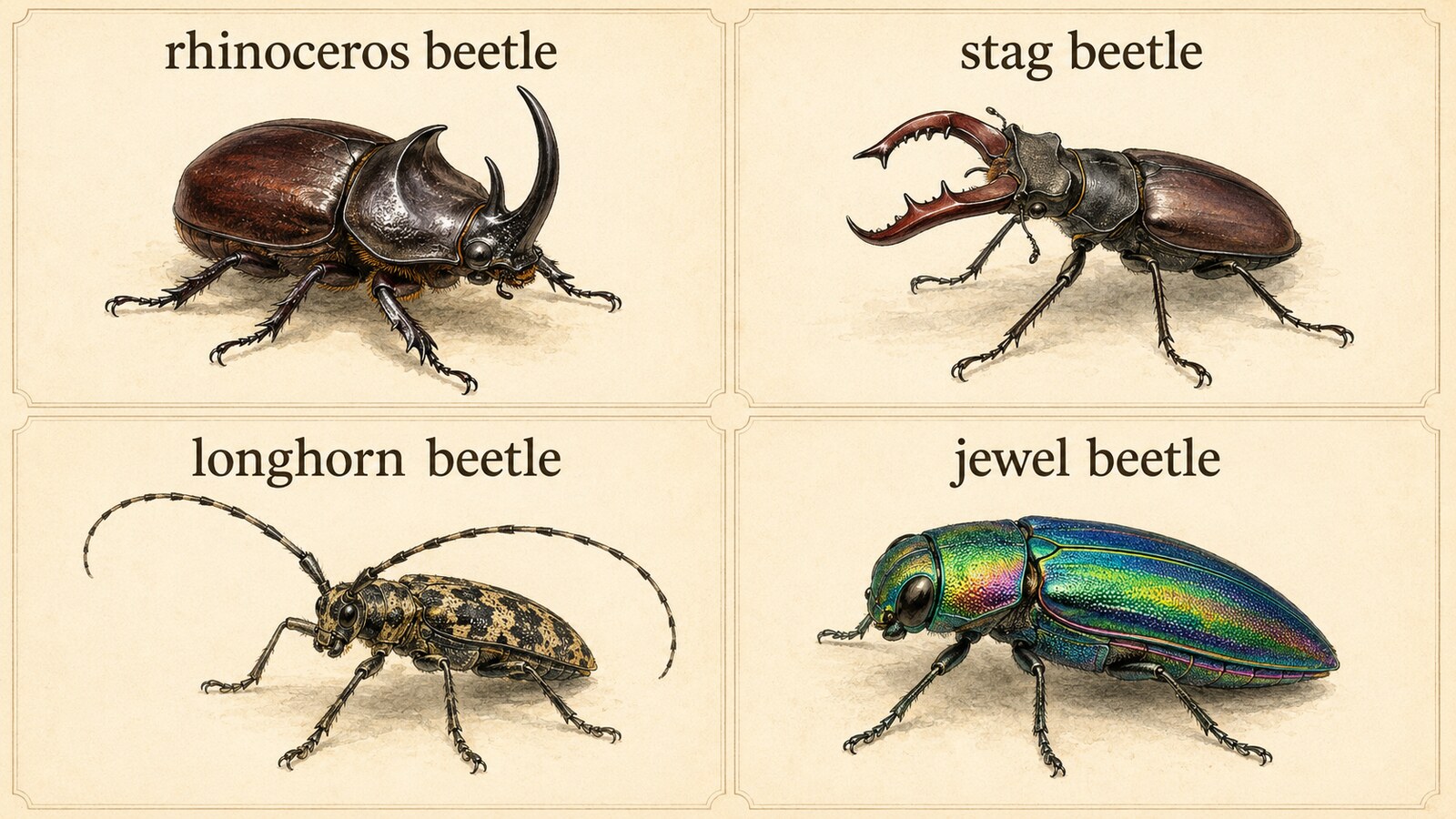rhinoceros beetle・stag beetle・longhorn beetle・jewel beetleの特徴