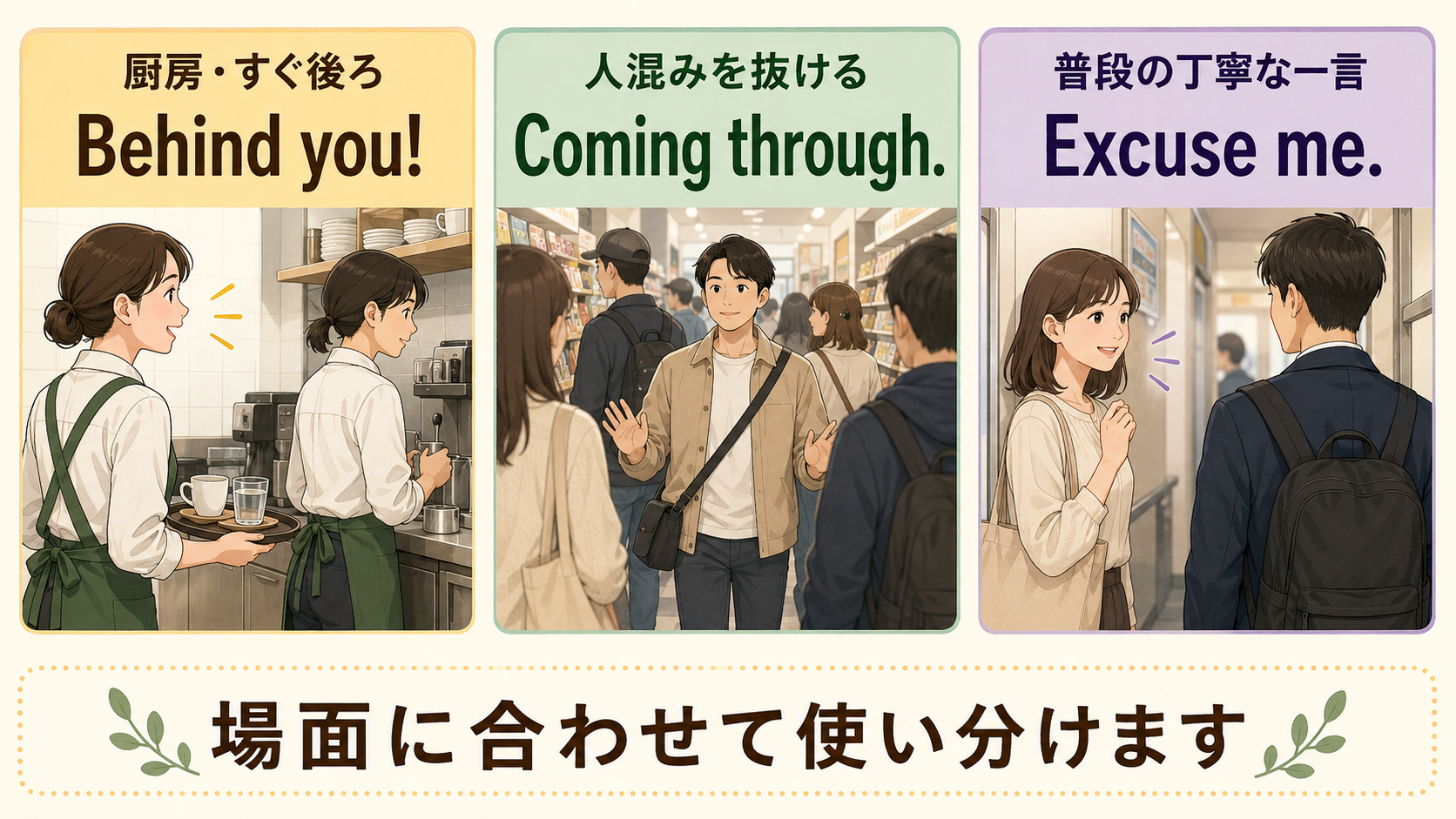 Behind you・Coming through・Excuse meを場面別に比較した図