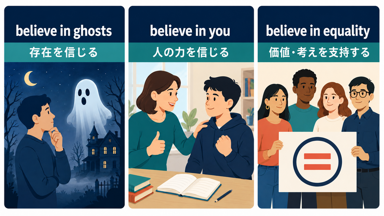 believe inの存在・人の力・価値観を信じる3つの用法を比較する解説図
