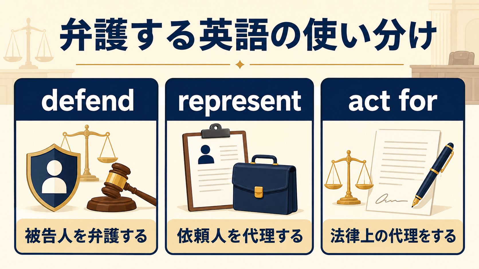 defend・represent・act forで「弁護する」を使い分ける図