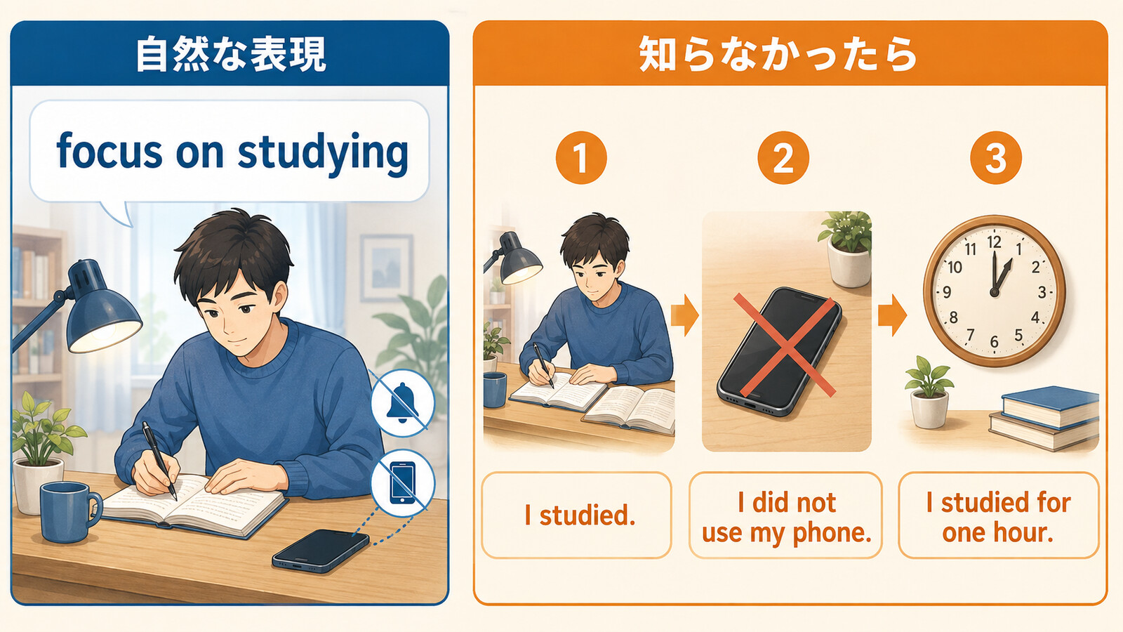 focus on studyingとI studied、I did not use my phoneへの簡単な言い換え